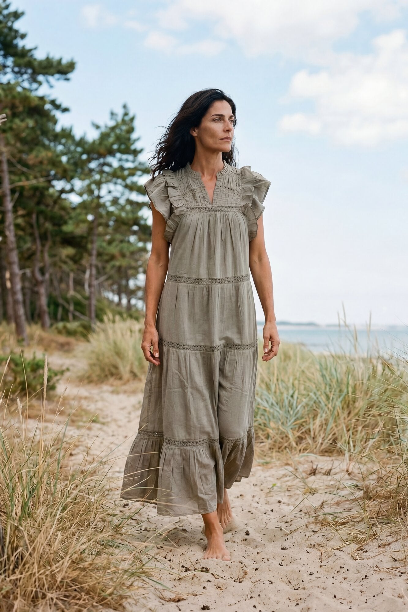 Melanie Voile lang kjole - Smoke Green